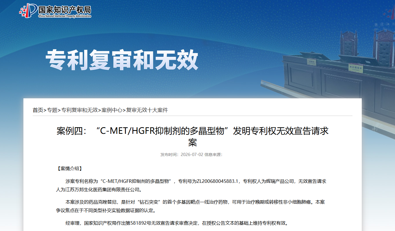 “C-MET/HGFR抑制剂的多晶型物”发明专利权无效宣告请求案